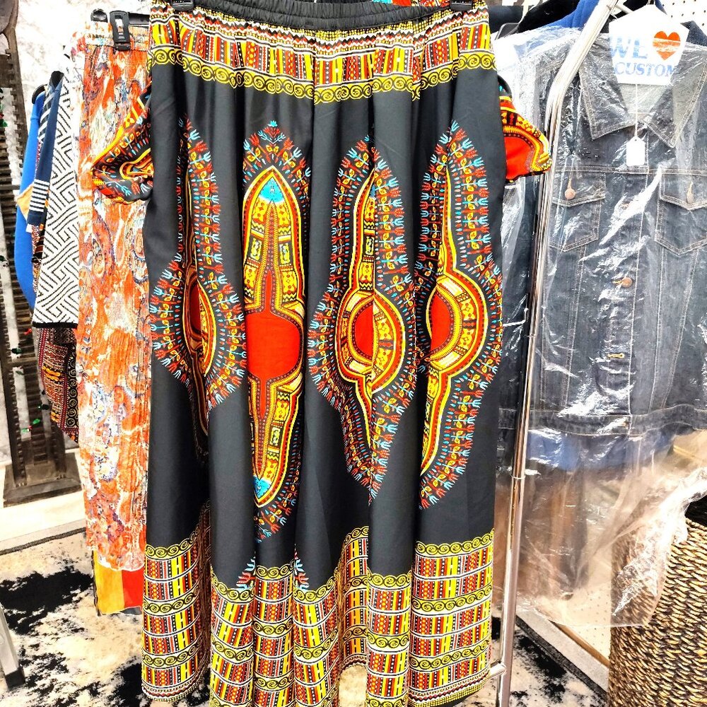 Maxi Black and Red African Print A-Line Skirt